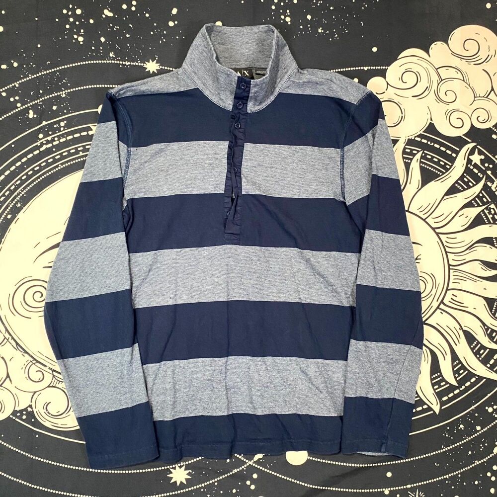 Armani Exchange Shirt Men L Gray Striped Cotton Half Button Mock Neck Henley Tee